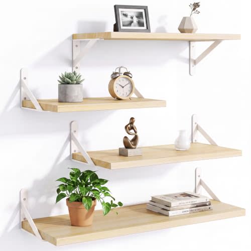 YGEOMER 4 Different Sizes Floating Shelves for Wall Decor, Natural Wood | Rustic wood shelves in mixed sizes for flexible combined storage. Fits bathroom, kitchen, living room, bedroom and office.