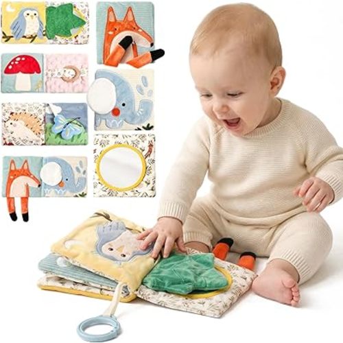 Montessori Soft Baby Book - Sensory Book for Babies 0-12 Months with Crinkle Paper, Touch & Feel Textures, Baby Safe Mirror & Teether. Educational Infant Toys for Tummy Time, Newborn