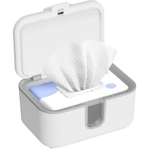 Baby Wipes Warmer, Larger Capacity Wipe Dispenser, Even Heating Diaper Wipe Warmer with Night Light, On/Off Switch, White