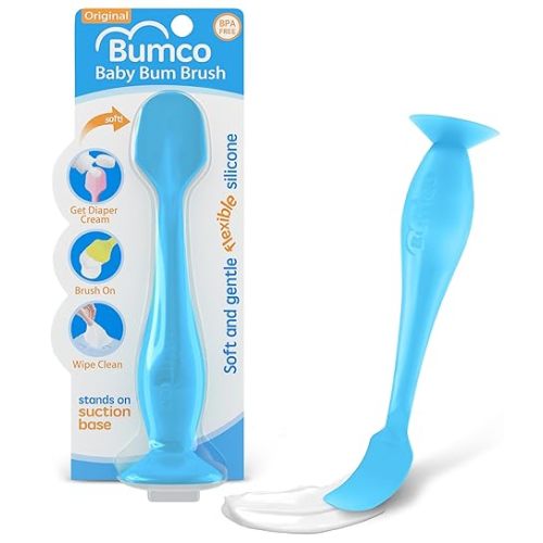 Bumco Baby Bum Brush - BPA-Free Diaper Cream Spatula with Suction Cup Base, Soft & Flexible Silicone, Wipe-Clean, Mom-Invented Diaper Bag Essentials (Blue)