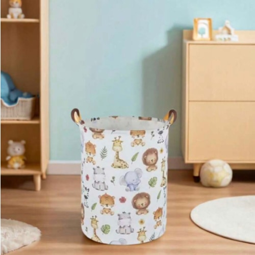 1pc Baby Room Canvas Foldable Clothes Storage Basket Cartoon Pattern With Handle Toy Box Storage Bucket Cute And Light, Suitable For Family Children's Baby Room Arrangement And Storage (Pattern Direction Random)