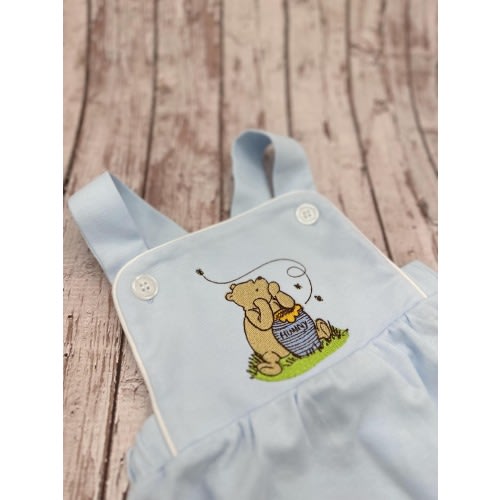 Custom Embroidered Classic Winnie the Pooh Baby Blue Bubble Romper, Classic Winnie the Pooh Outfit for Boy, 1st Birthday Romper