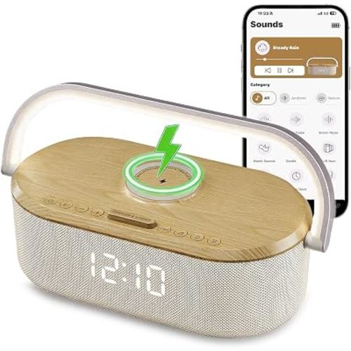 Smart White Noise Sound Machine with Alarm Clock & Wireless Charger, APP Remote Control, 40 Relaxing Ambient Sounds, 3 Night Light Modes, Snooze Function, and Smart Timer for Adults Kids Office