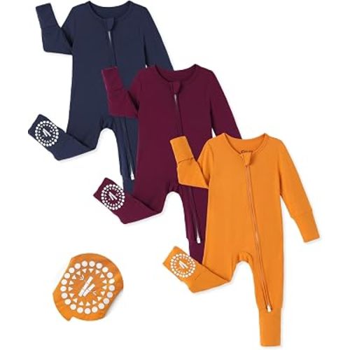 PATPAT Baby Boys Girls Bamboo Viscose Footies 3-Pack, NB-2T
