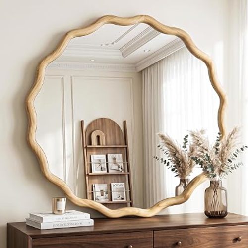 FICTOR Round Wood Wall Mirror, 36" Boho Wavy Circle Mirror