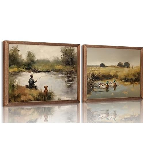 Vintage Wall Art Set of 2, Rustic Boy Fishing Mallard Duck Canvas Wall Decor, Wildlife Nature Pond Prints for Living Room Bedroom Office Rustic Home Decor 12x16in Wood Framed