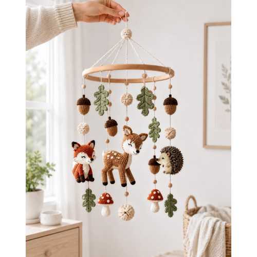 Woodland Crochet Baby Mobile, Fox Deer Hedgehog Nursery Mobile, Forest Animal Crib Mobile, Handmade Baby Shower Gift, Neutral Nursery Decor