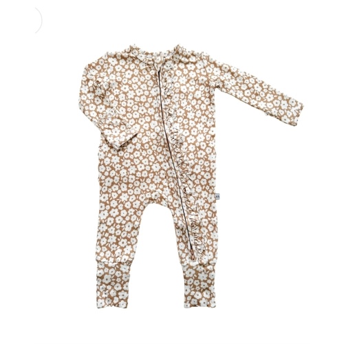 Ruffle Zipper One Piece - Mocha Ditsy Floral