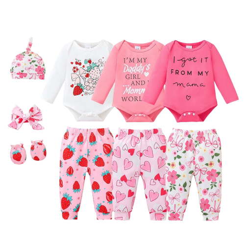KIMI BEAR Preemie Baby Girl Layette Set Shower Gift Sets 3 Packs Romper Pants Sets Long Sleeves Bodysuit with Hat Headband Gloves 9pcs Clothing Pink