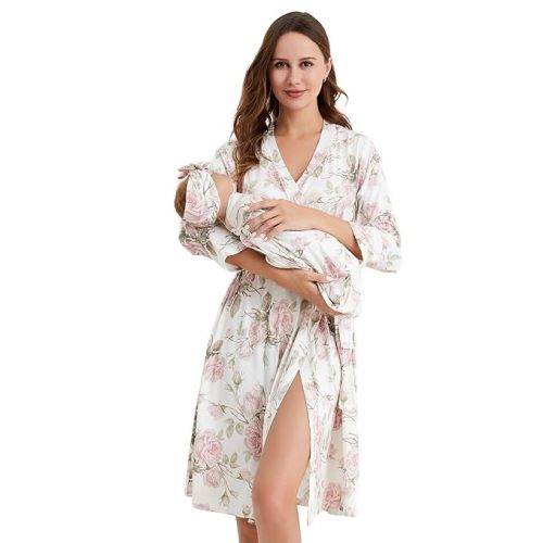 Galabloomer Maternity Robe and Baby Receiving Blanket, Matching Mommy Labor Delivery Robe and Swaddle Set Floral