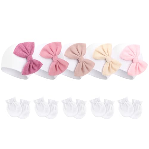 BQUBO Newborn Baby Girls Hats Mittens Set Hospital Hat Beanie Infant Bow Hats Baby Cotton Gloves for 0-6 Months