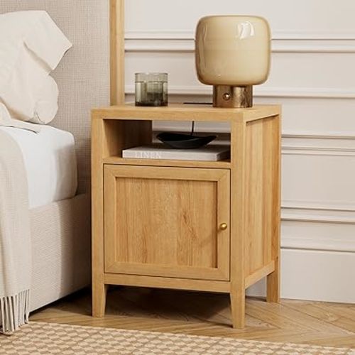 Farmhouse End Table with Charging Station, Modern Nightstands with Storage and Open Shelf, Bedside Tables for Bedroom, Living Room, Nautral Oak