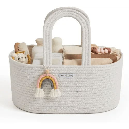 Blissful Diary Baby Diaper Caddy Organizer, Cotton Rope Diaper Caddy Basket, Oval Storage Basket, Gift for Baby Shower, Newborn Essentials, Beige