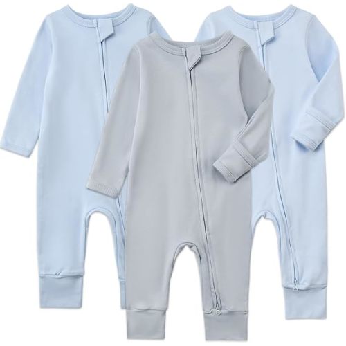 Aablexema 3-Pack Organic Cotton Baby Footless Pajamas with Mitten Cuffs, 2-Way Zipper Infant Romper Outfit