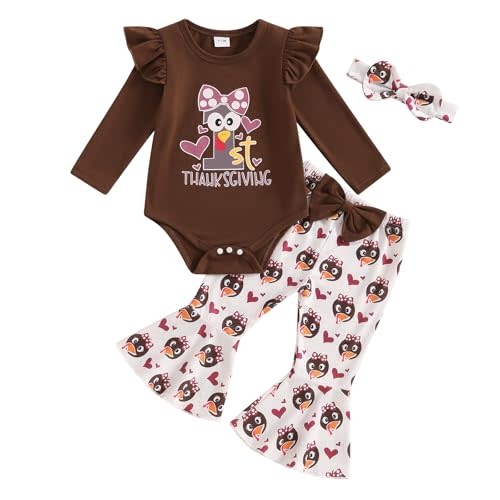 My First Thanksgiving Baby Girl Outfit Newborn Turkey Romper Bell Bottom Pants Headband Baby Thanksgiving Clothes