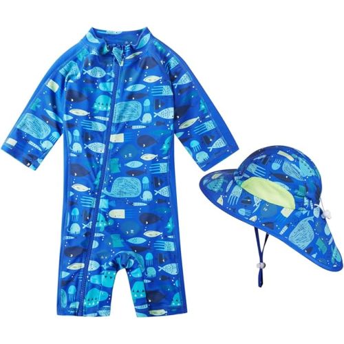 Toddler Baby Boys Swimsuit Rashguard One Piece Zipper Bathing Suit with Sun Hat Infant Swimwear Sunsuit UPF 50+