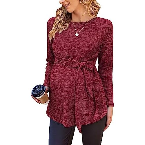 Ekouaer Women's Maternity Shirts Long Sleeve Pregnancy Tops Casual Ribbed Knit Winter Pregnant Blouses