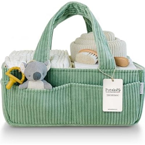 PUTSKA Baby Diaper Caddy Organizer, Nursery Basket, Sage Green Corduroy