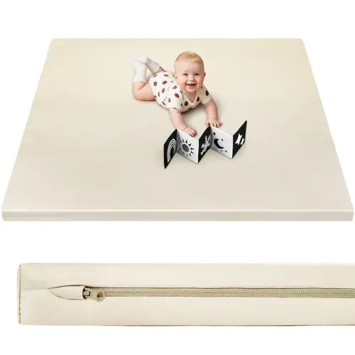 Baby Play Mat 50x50 Thicken Foam Cushioned & Waterproof Playpen Mat, 1.3" Thick Non-Toxic Cushioned, Waterproof Soft Crawling Mat for Infants and Toddlers, Wipe-Clean Playmat, Beige
