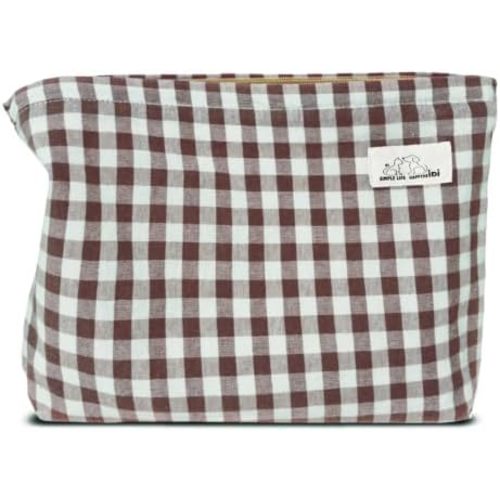 HAPPYHEIDI Large Makeup Bag Travel Cosmetic Pouch, Coffee Brown Gingham