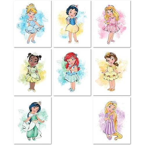 Nistio® Baby Princess Posters for Girls Room Decor, Nursery Art Featuring Cinderella, Ariel, and Belle, Princess Wall Art for Kids, Unframed Set of 8 (8x10)