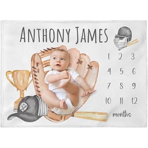 Personalized Baseball Milestone Blanket, Custom Sports Baby Boy Month Blanket, Nursery Custom Newborn Growth Tracker, New Mom