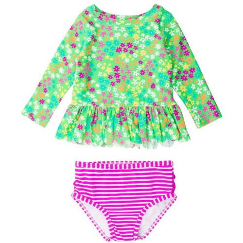 RuffleButts Girls UPF50+ Sun Protected Scallop Hem Long Sleeve Rash Guard Bikini