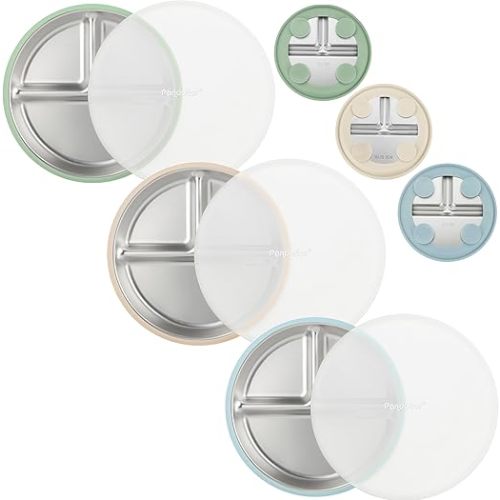 PandaEar 3 Pack Stainless Steel Baby Suction Plates with Lids, Divided Toddler Plates for Baby Led Weaning, Non-Slip Baby Feeding Set, Dishwasher Safe (Blue/Green/Brown)