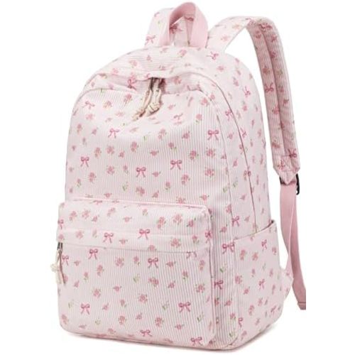 BTOOP School Backpack for Girls Teens Large Corduroy Bookbag Lightweight Casual High School College Backpacks 17 inch Laptop Travel Bag (Pink Bow Floral-1)