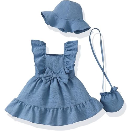 Renotemy Newborn Infant Baby Girl Dresses Summer Outfits Boho Casual Sundress Gifts Toddler Clothes for Girl with Hat and Bag