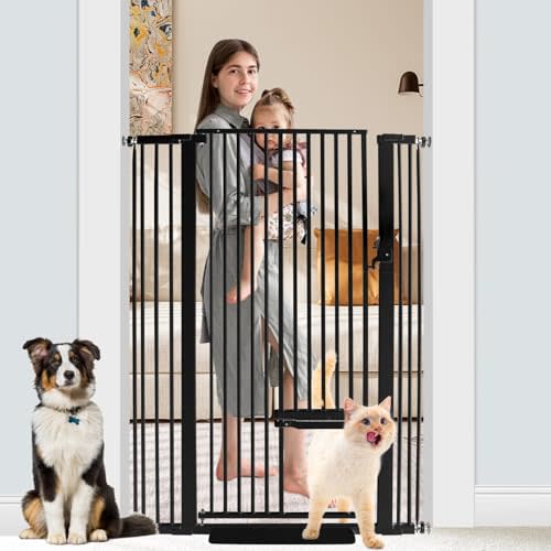 SHYUJAJIE 55 Inch Extra Tall Pet Gate with Small Cat Door, 29.55"-40.55" Adjustable Wide Dog Gate, Tall Cats Gates for Doorway, Stairs, House(Black)