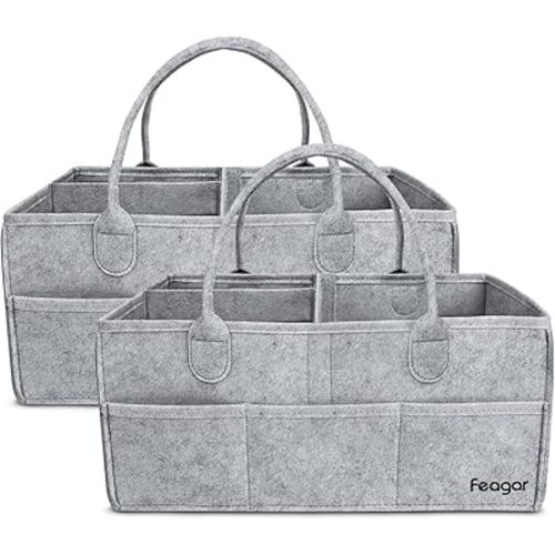 Feagar Baby Diaper Caddy Organizer, 15 Inch Large 2 Pack Set with 8 Pockets & 2 Dividers, Portable Nursery Storage Basket & Car Organizer for Changing Table, Travel (Grey)