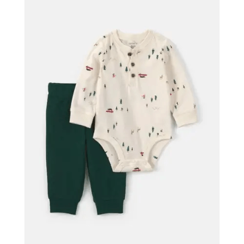Baby Boy 2-Piece Woodland Long-Sleeve Bodysuit & Pant Set - Green/Cream | Carter's