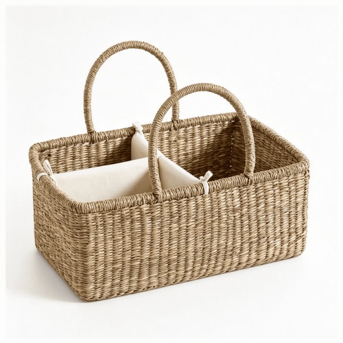 XIBUFE Premium Wicker Baby Diaper Caddy Organizer,Woven Seagrass Basket with Handles,Diaper Basket with Dividers Wicker Diaper Caddy (Rectangle)