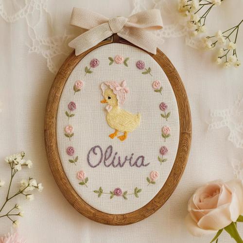 Embroidered Baby Name Sign: Floral Nursery Decor with Linen Bow