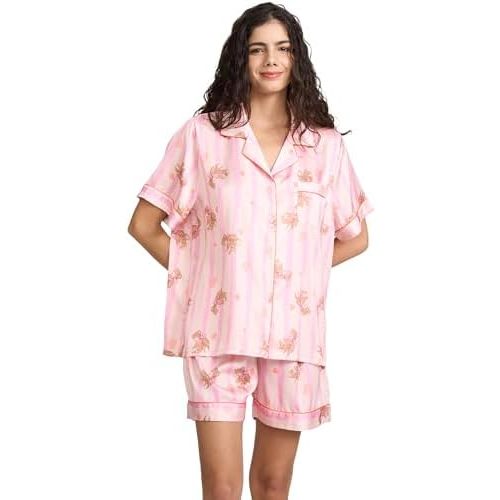 Womens Silk Satin Shorts Pajamas Set Button Down 2 Piece Pjs Short Sleeve Oversized Sleepwear with Pockets