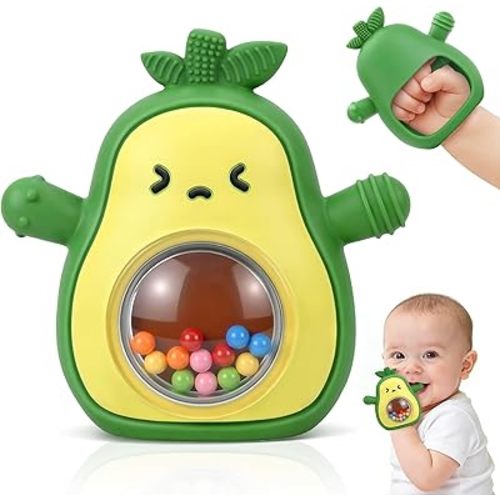 Baby Teething Toys 3-6 6-12 Months, Avocado Baby Teething Mitten with Rattle, BPA Free Silicone Infants Teether Sensory Chew Toys for Newborns Boys Girls, Easter Basket Stuffers Gifts