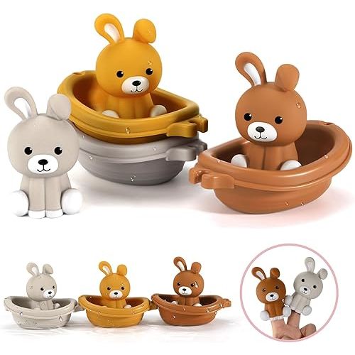 Nueplay Bathtub Toys for Toddlers 18M+，Baby Bath Toys with Animal Finger Puppets，Stackable Boat Train，Easter Bunny Gifts for Baby & Toddlers Set of 6