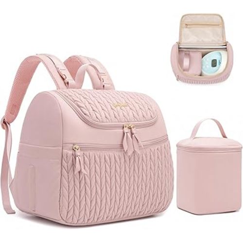 Breast Pump Bag for Spectra S1/S2 & Medela – Insulated Cooler Bag, 13" Laptop Sleeve, Diaper Backpack with Changing Pad – Lightweight, Water-resistant & Stylish for Work, Travel, Pink