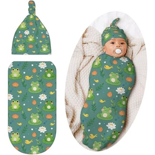 Frog Swaddle Blanket with Hat for Baby, Frog Swaddling Baby Stuff