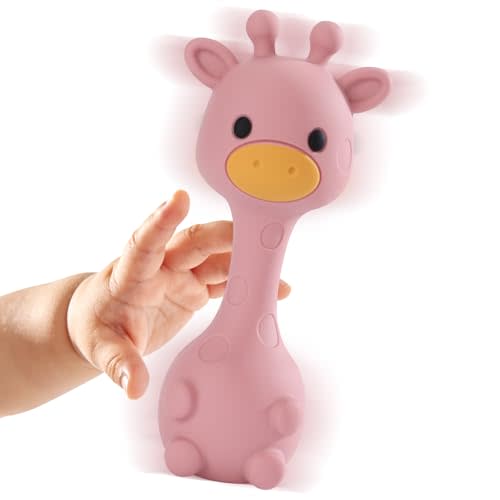 Giraffe Silicone Baby Teether Rattle Toy for 0-6 6-12 Months, BPA-Free Infant Teething Toy with Rattle Sound, Easy-Grip Design for Teething Relief (Dark Pink)