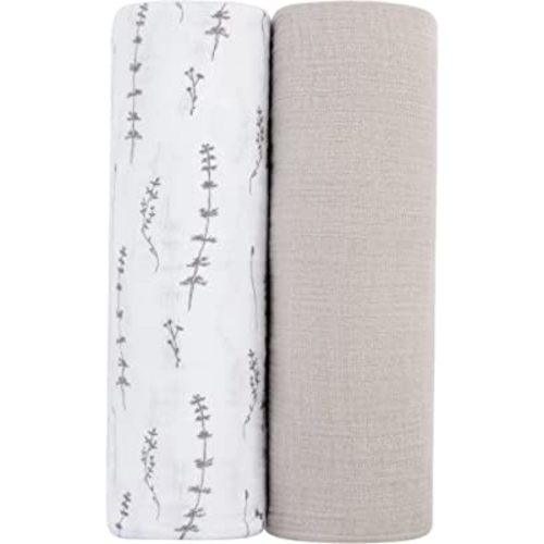 Ely's & Co. Muslin Swaddle Blanket 2-Pack — 100% Cotton Muslin Extra-Large Swaddle Blankets (47” x 47”) Solid + Printed (Forest Grey Delicate Leaves + Solid Pebble Grey)