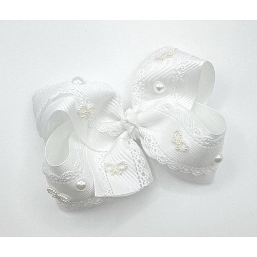 White Lace Bow with Pearls and Gems, Big Bows for Baby with Clip or Headband, Wedding Bows, Coquette Hair Bow, Baptism Hair Bow, Large Bows