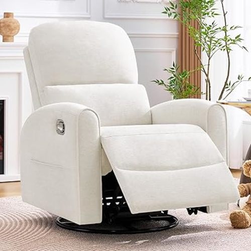 Swivel Rocker Recliner, Manual Swivel Glider Nursery Recliner Chair with Adjustable Headrest and Lumbar Support, Rocking Recling Chairs for Small Space, Living Room, Bedroom, White