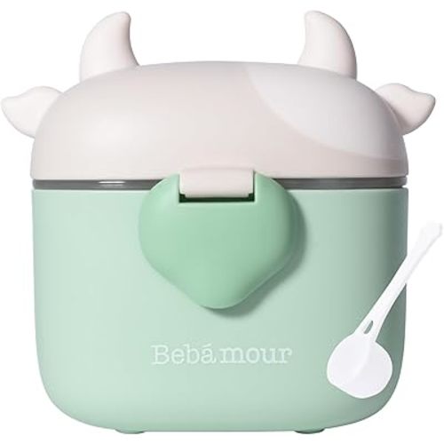 Bebamour Baby Formula Dispenser On The Go, Formula Container to Go, Formula Holder for Travel, Candy Fruit Snack Storage Container with Scoop and Leveller (Light Green Cow)