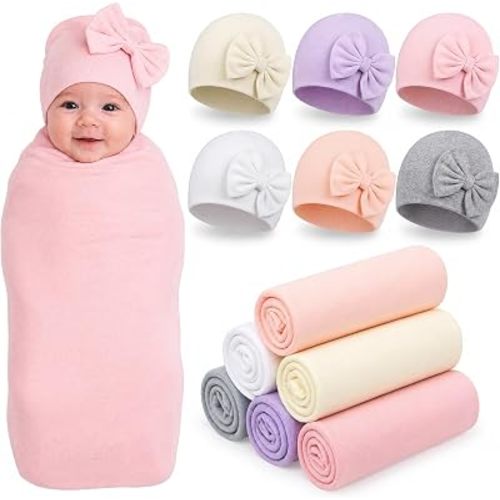 Ramede 6 Set Baby Swaddle Blanket and Hat, 100% Cotton Newborn Receiving Blanket Wrap with Headband, 31.5" Soft, Breathable for Girl Boy Nursery Sleep Cradle Sheet Breastfeed Cover(Simple,Pink)
