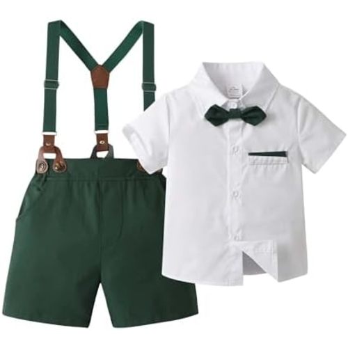 Baby Boys Gentleman Outfits Suits, Infant Shirt+Shorts+Bow Tie+Suspenders Clothes Set