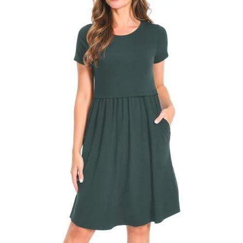 Bearsland Women's Short Sleeves Maternity Dress Nursing Breastfeeding Dresses with Pockets