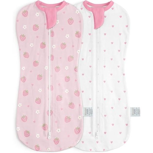 Baby Swaddle 0-2 Months, Cotton Arm-In Zipper Sleep Sack, Wearable Blankets Wrap for Newborn Infant Girls (Strawberry, Heart, Pack of 2)