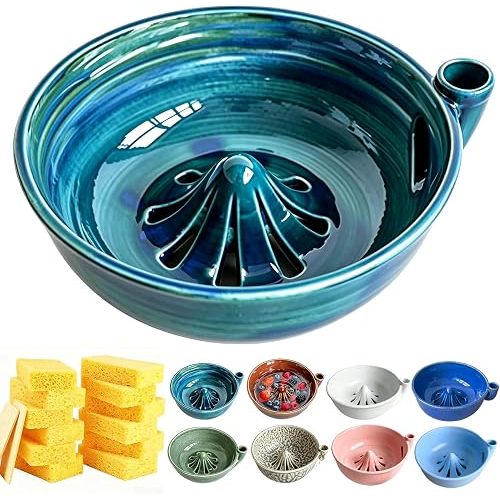 Self Spinning Ceramic Berry Washing Bowl with Drain Holes, 7'' Kitchen Fruit Washer Spinner Bowl with 10pcs Sponges，Blue